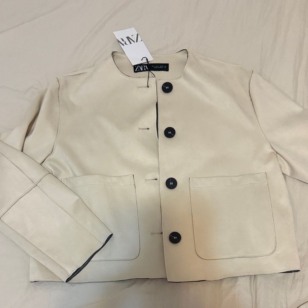 Zara Beige Cropped Jacket with Black Accents